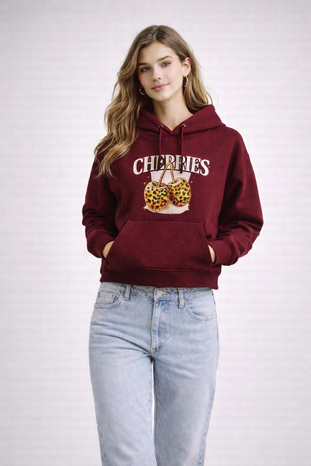 kadın oversize kapüşonlu sweatshirt cherrıes baskılı kanguru cepli