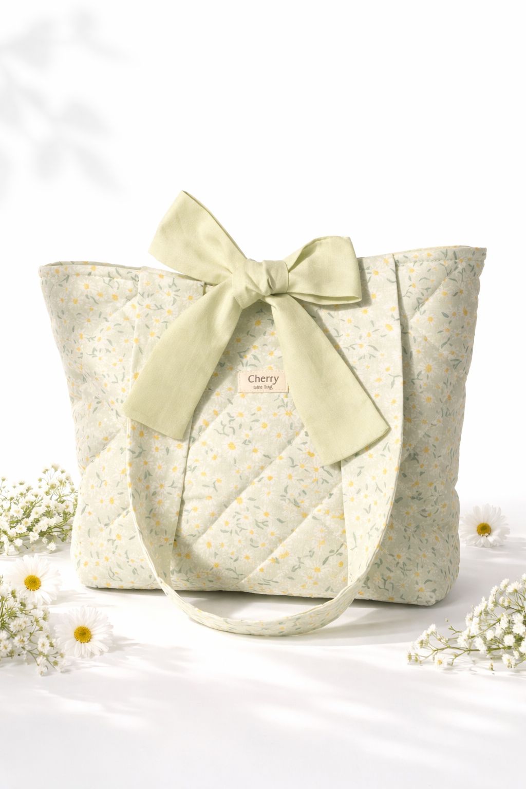 Şık Çiçek Desenli Fiyonklu Kumaş Tote Çanta