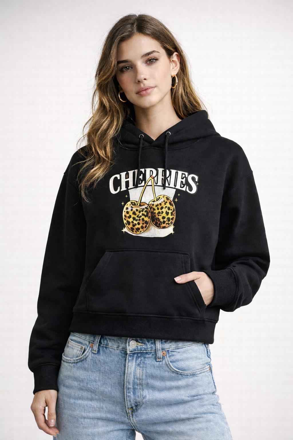 Cherries Graphic Hoodie for Women, Oversized Black Hoodie, Trendy Streetwear Sweatshirt