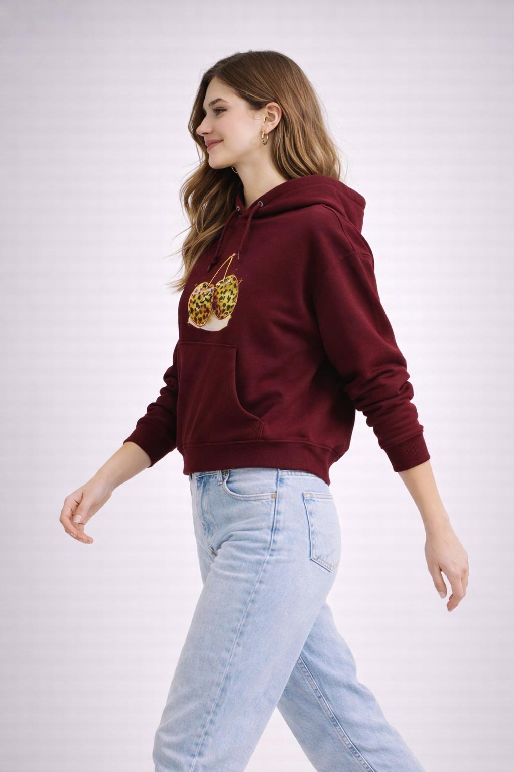kadın oversize kapüşonlu sweatshirt cherrıes baskılı kanguru cepli