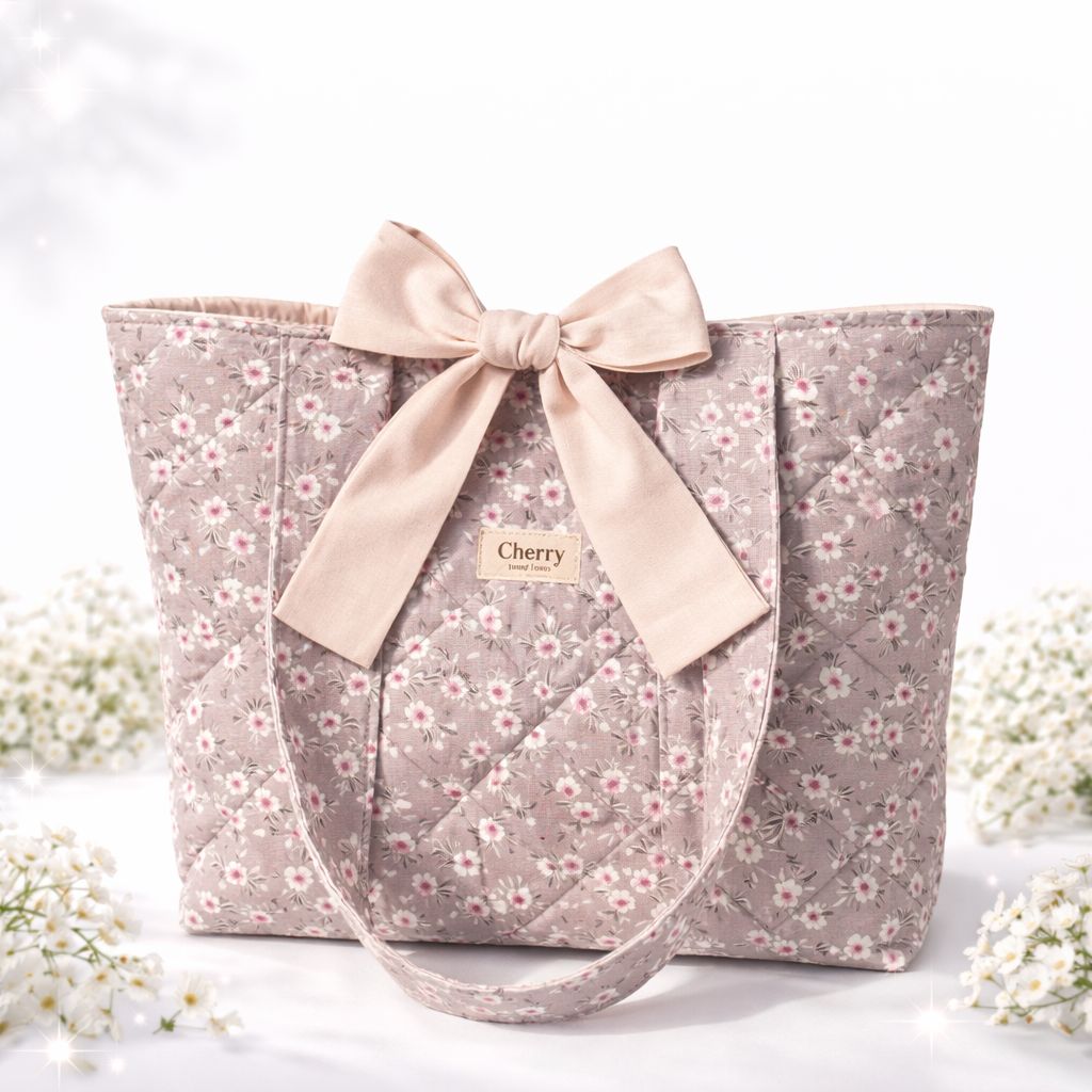 Pastel Çiçek Desenli Fiyon Detaylı Kumaş Tote Çanta