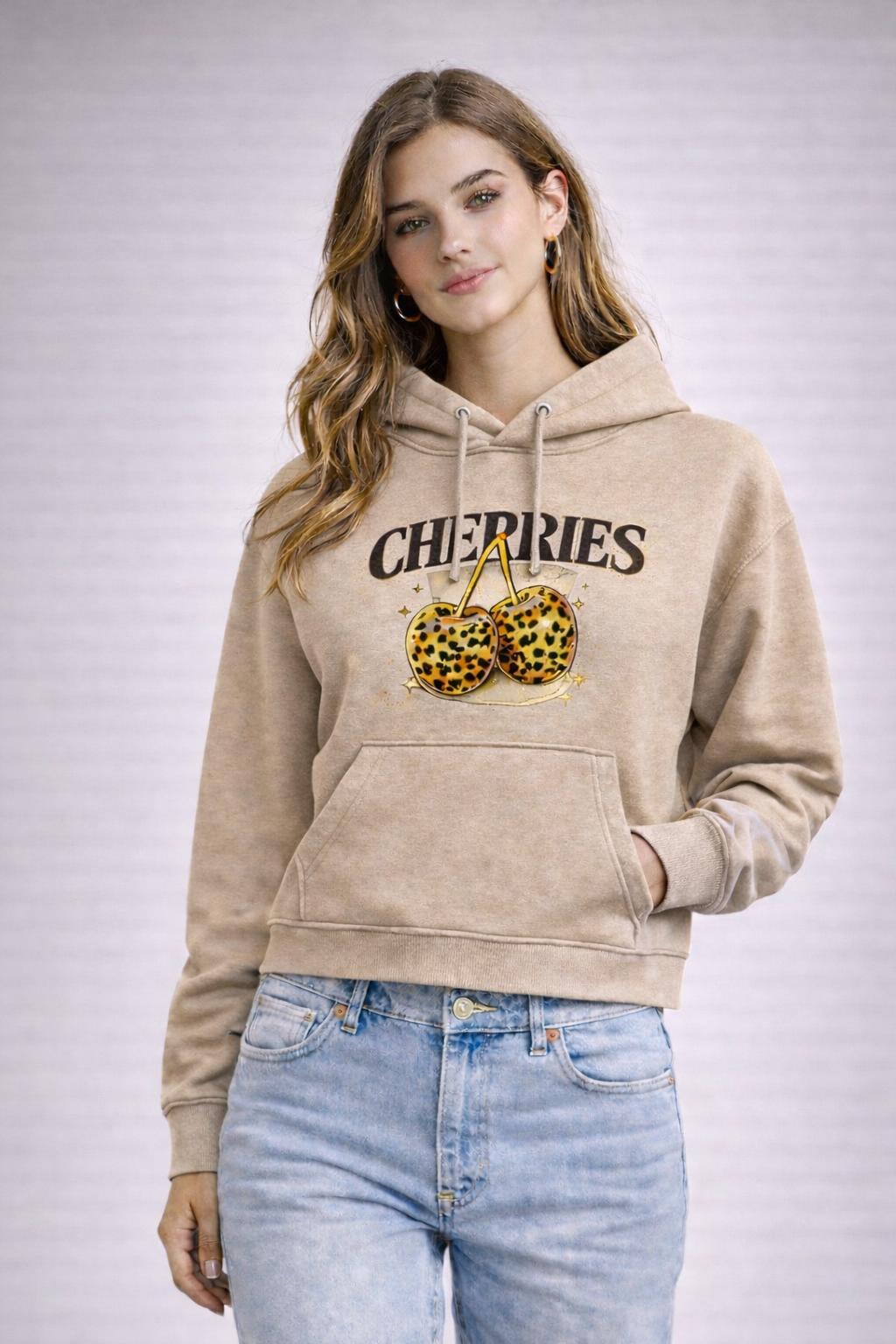 kadın oversize kapüşonlu sweatshirt cherrıes baskılı kanguru cepli