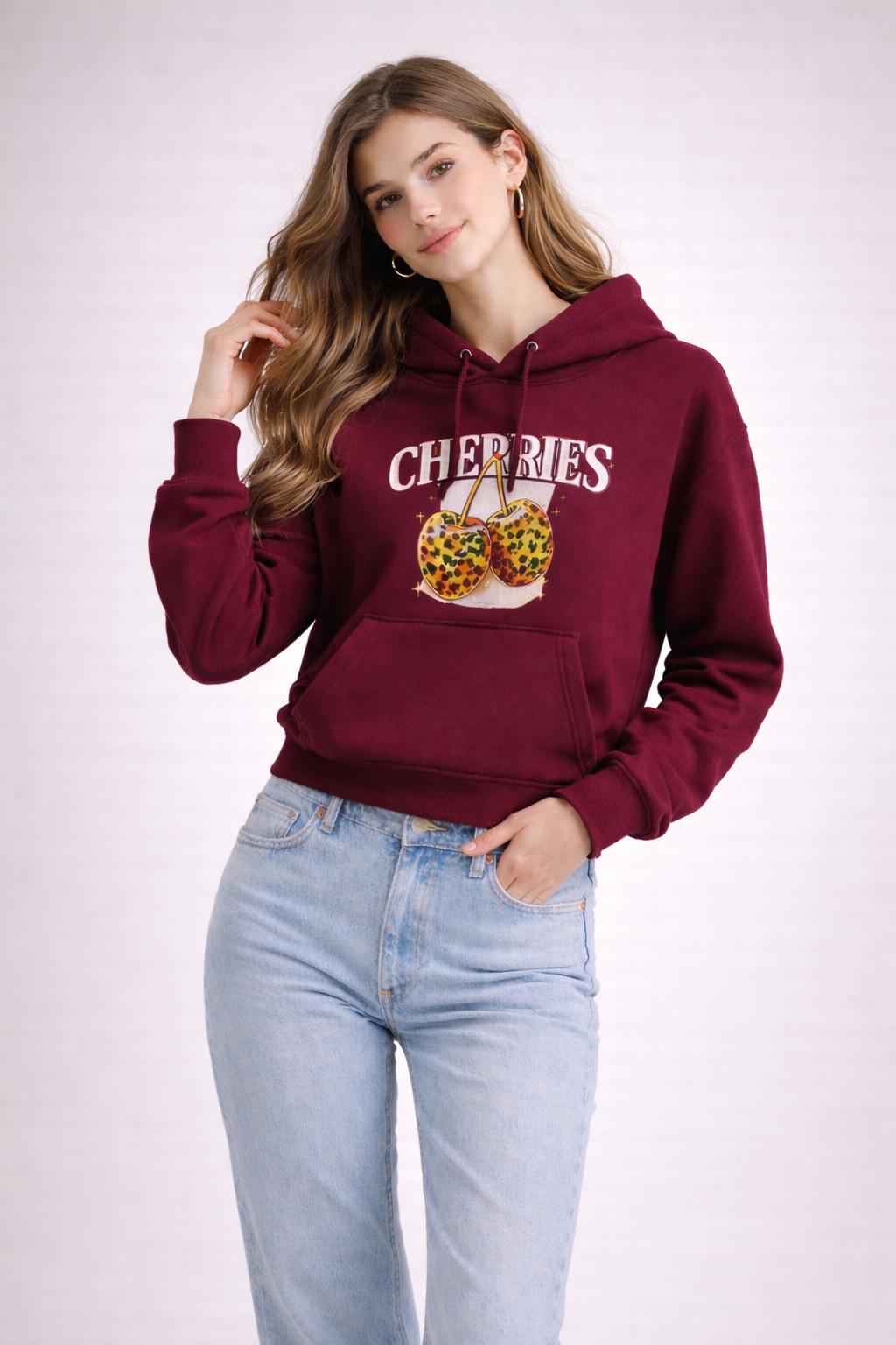 kadın oversize kapüşonlu sweatshirt cherrıes baskılı kanguru cepli