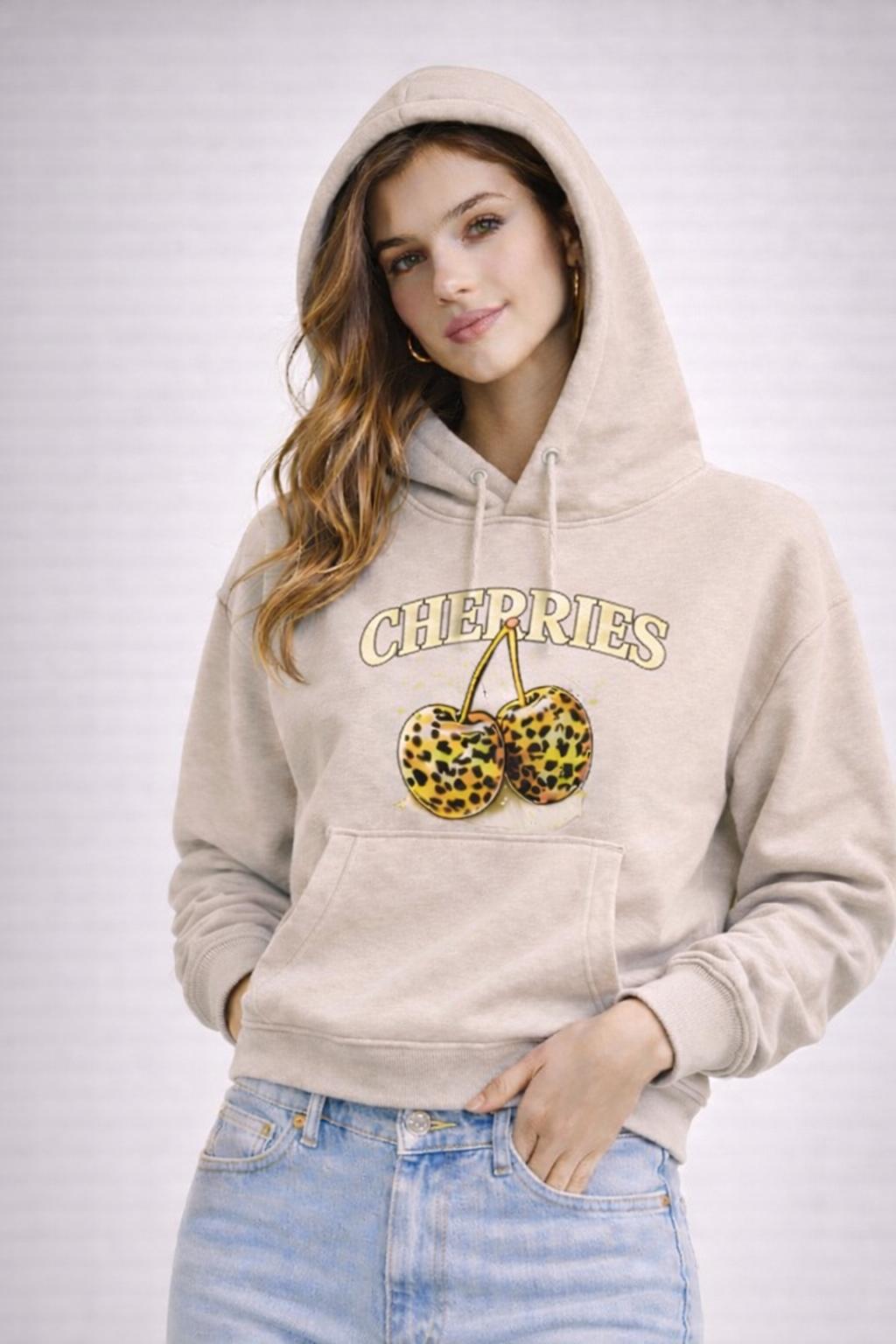 kadın oversize kapüşonlu sweatshirt cherrıes baskılı kanguru cepli