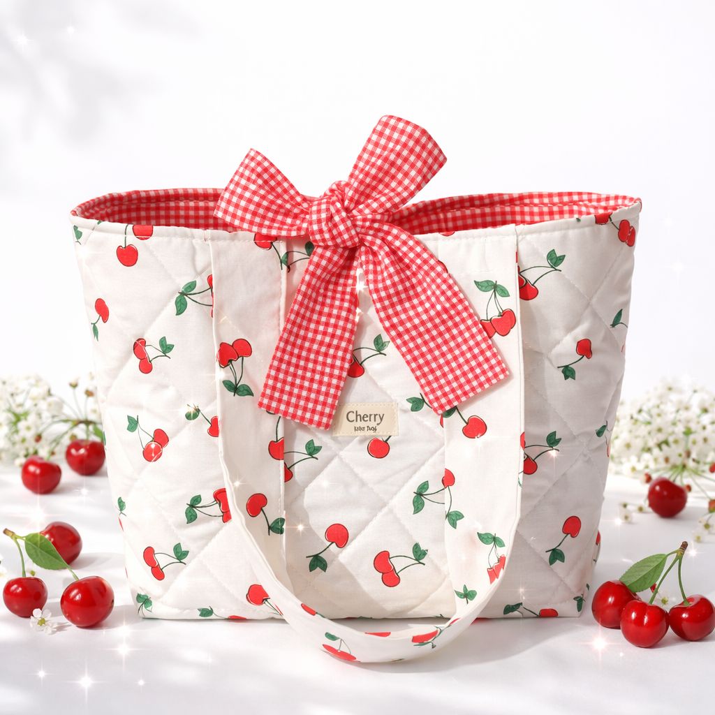 Kiraz Desenli Şık Fiyonklu Kumaş Tote Çanta