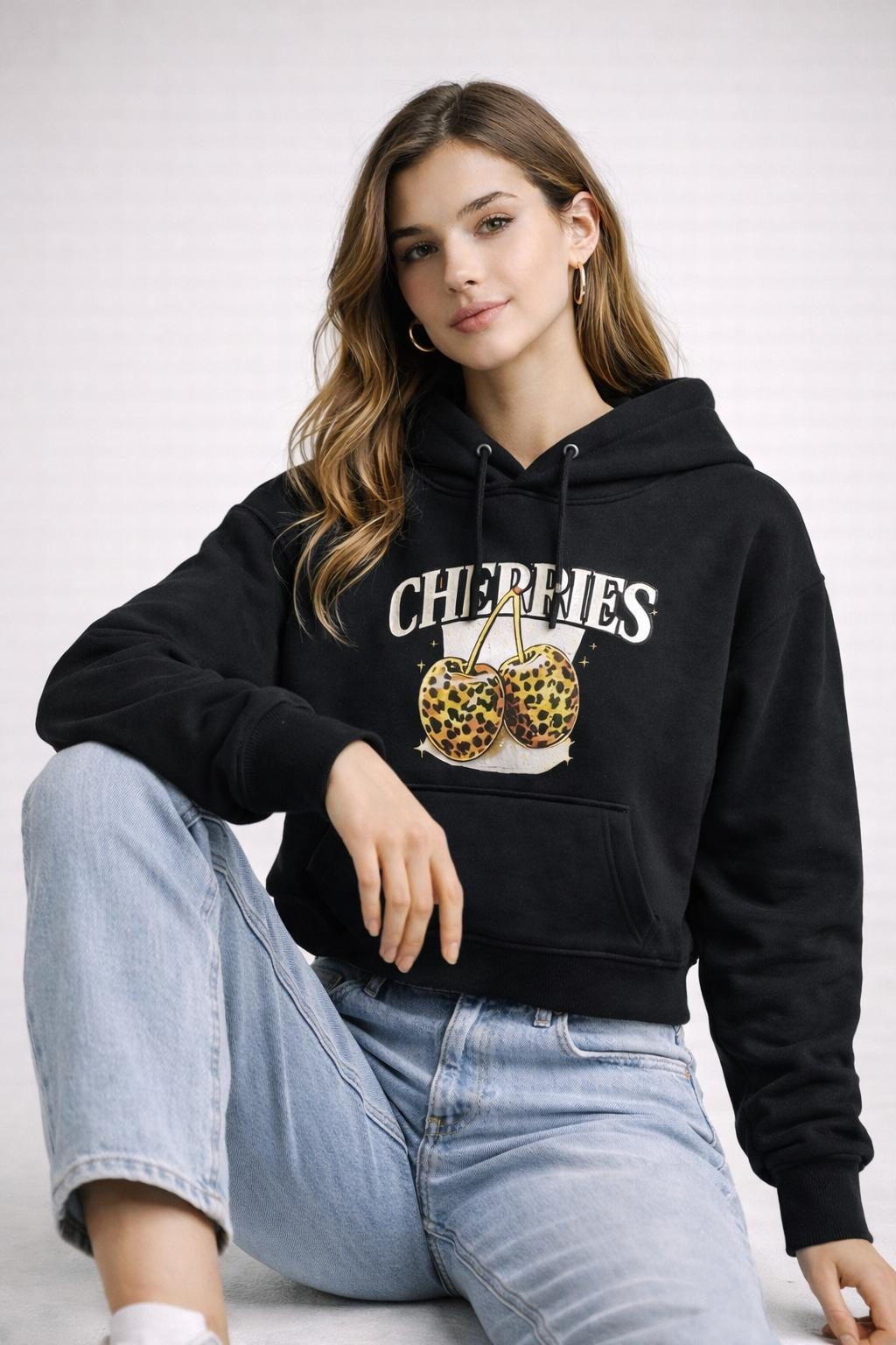 Cherries Graphic Hoodie for Women, Oversized Black Hoodie, Trendy Streetwear Sweatshirt