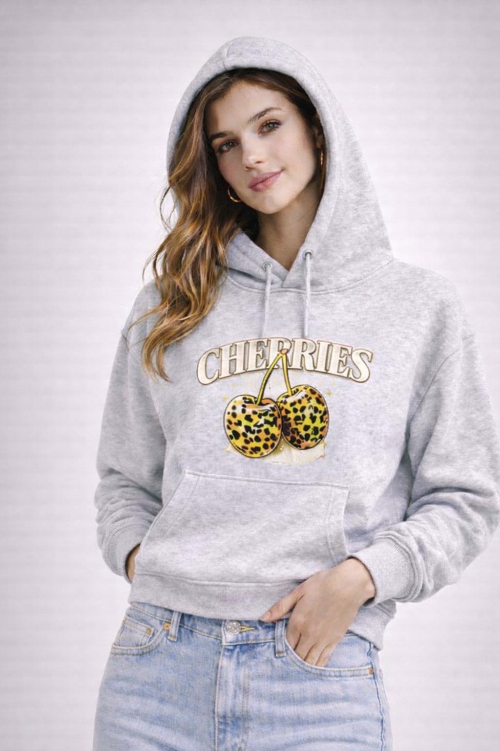 kadın oversize kapüşonlu sweatshirt cherrıes baskılı kanguru cepli