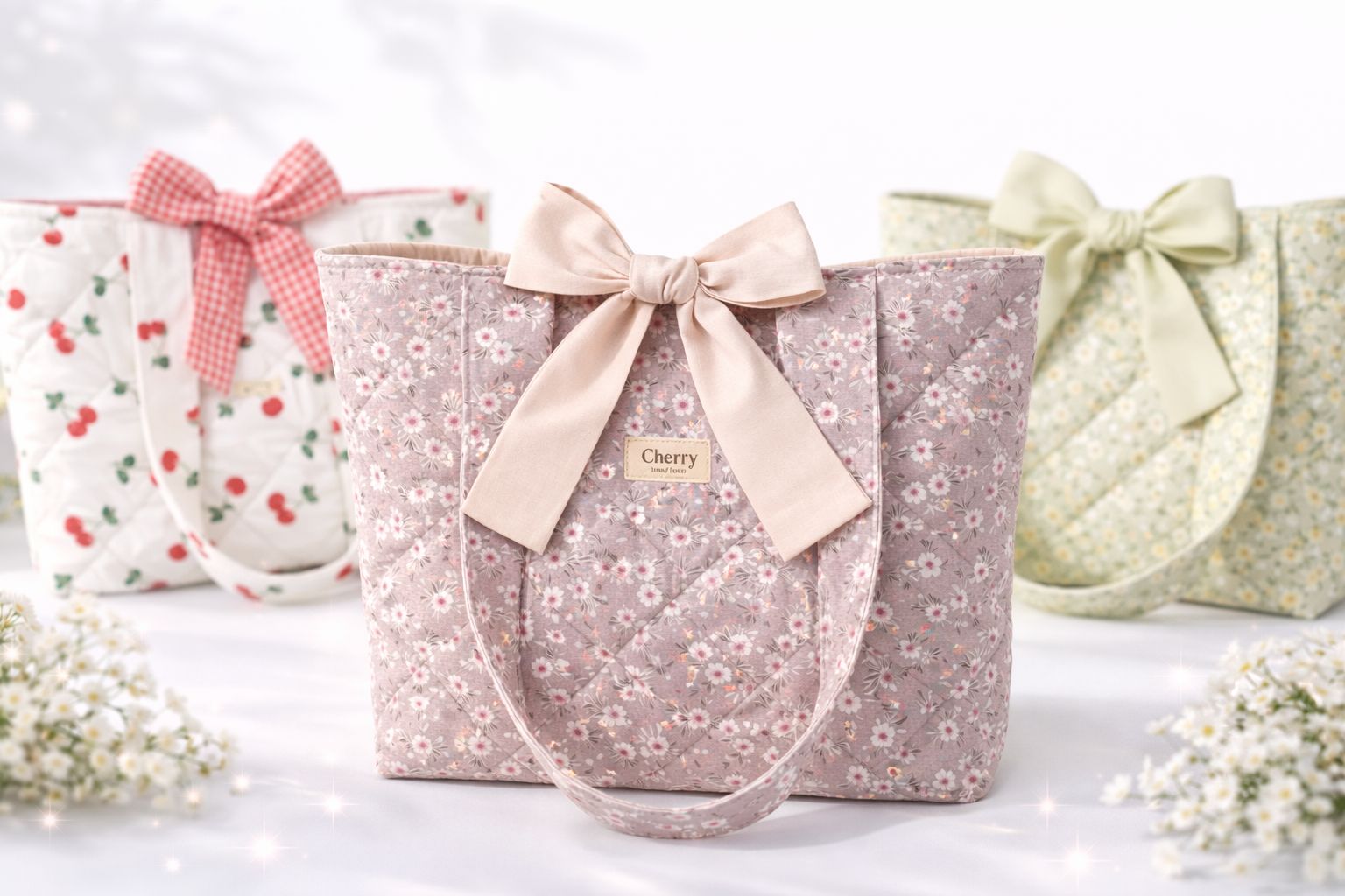 Pastel Çiçek Desenli Fiyon Detaylı Kumaş Tote Çanta