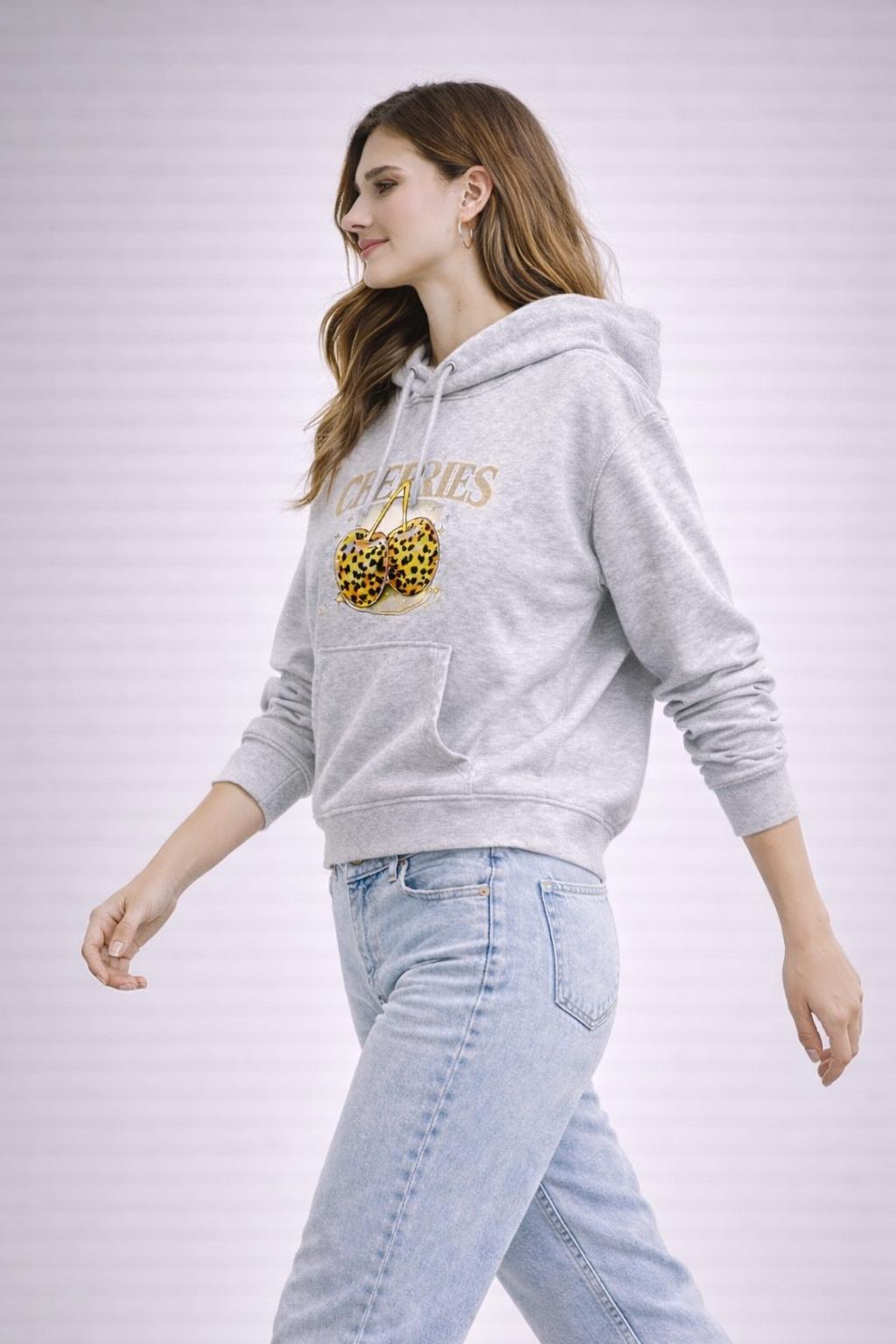 kadın oversize kapüşonlu sweatshirt cherrıes baskılı kanguru cepli