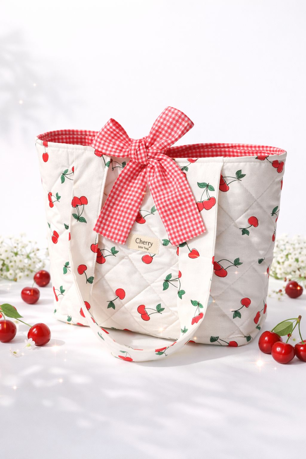 Kiraz Desenli Şık Fiyonklu Kumaş Tote Çanta