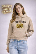 kadın oversize kapüşonlu sweatshirt cherrıes baskılı kanguru cepli