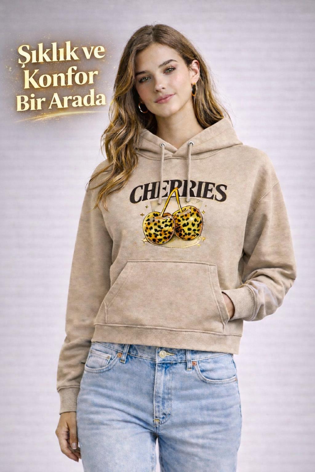 kadın oversize kapüşonlu sweatshirt cherrıes baskılı kanguru cepli