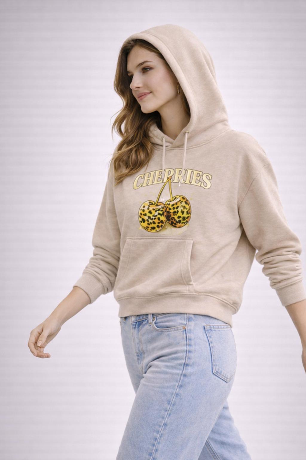 kadın oversize kapüşonlu sweatshirt cherrıes baskılı kanguru cepli