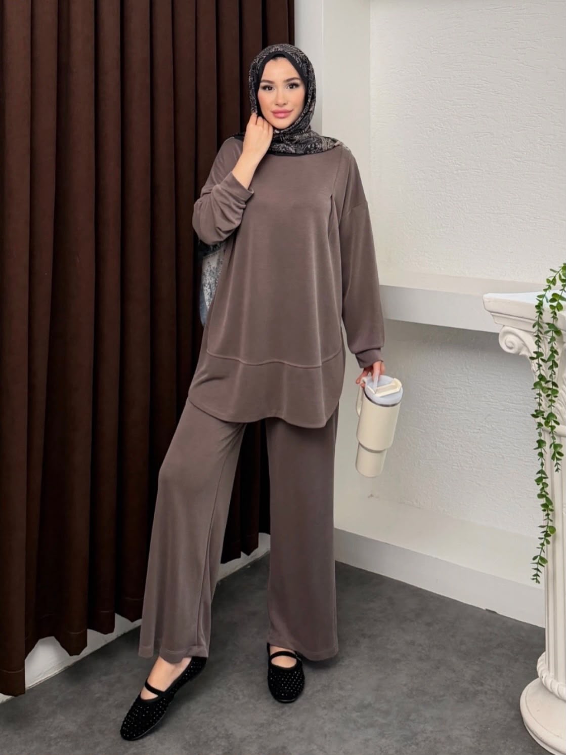 Kadın Tesettür İkili Takım Oversize Tunik ve Bol Paça Pantolon Rahat Günlük Takım