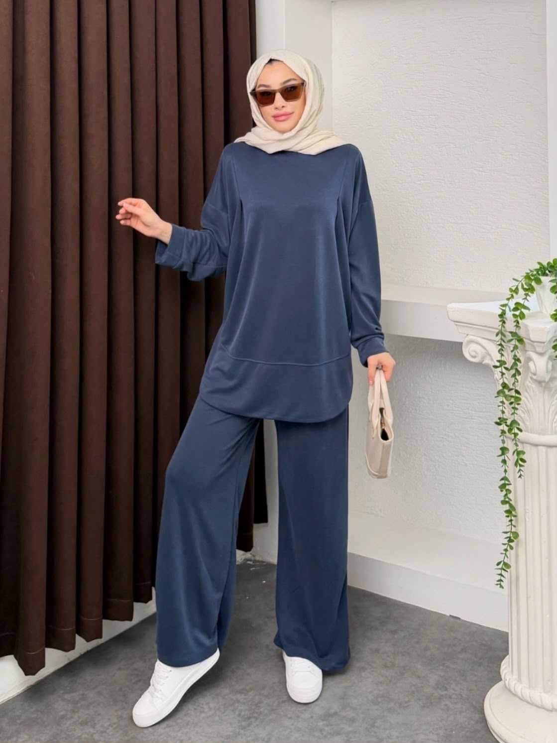 Kadın Tesettür İkili Takım Oversize Tunik ve Bol Paça Pantolon Rahat Günlük Takım