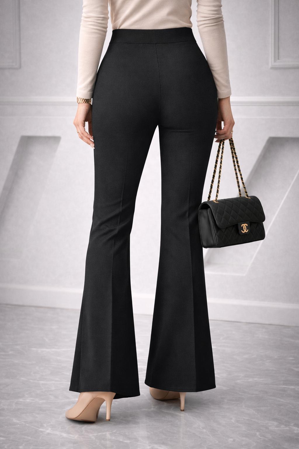 Kadın Siyah Yüksek Bel İspanyol Paça Taşlı Pantolon – Toparlayıcı Şık Model