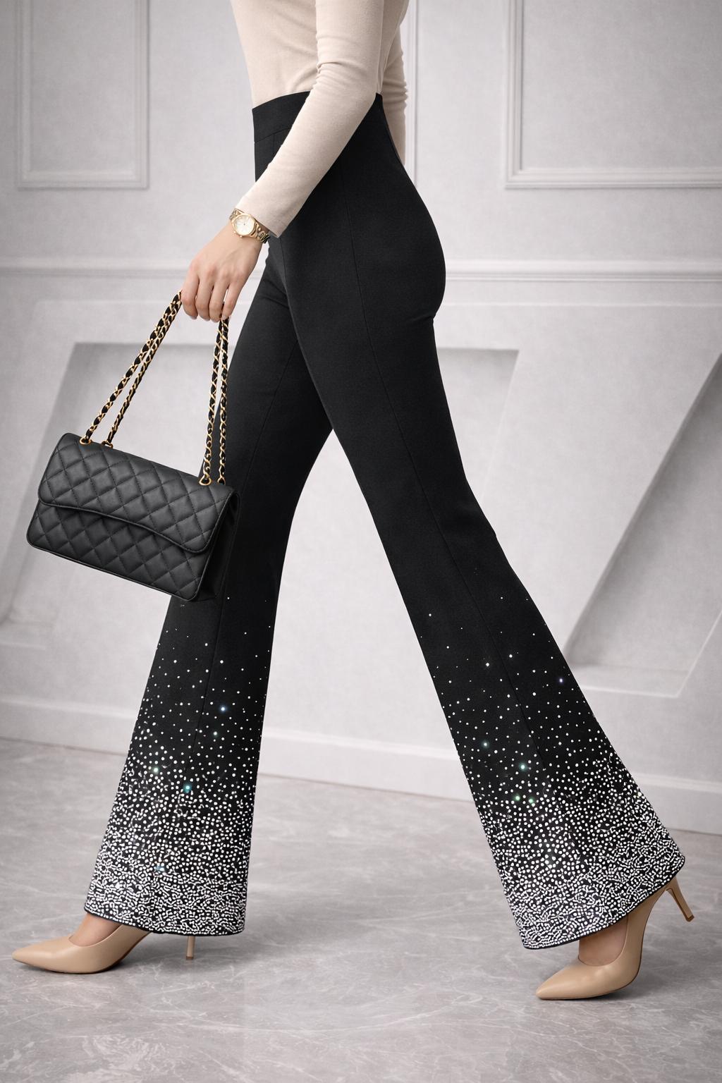 Kadın Siyah Yüksek Bel İspanyol Paça Taşlı Pantolon – Toparlayıcı Şık Model